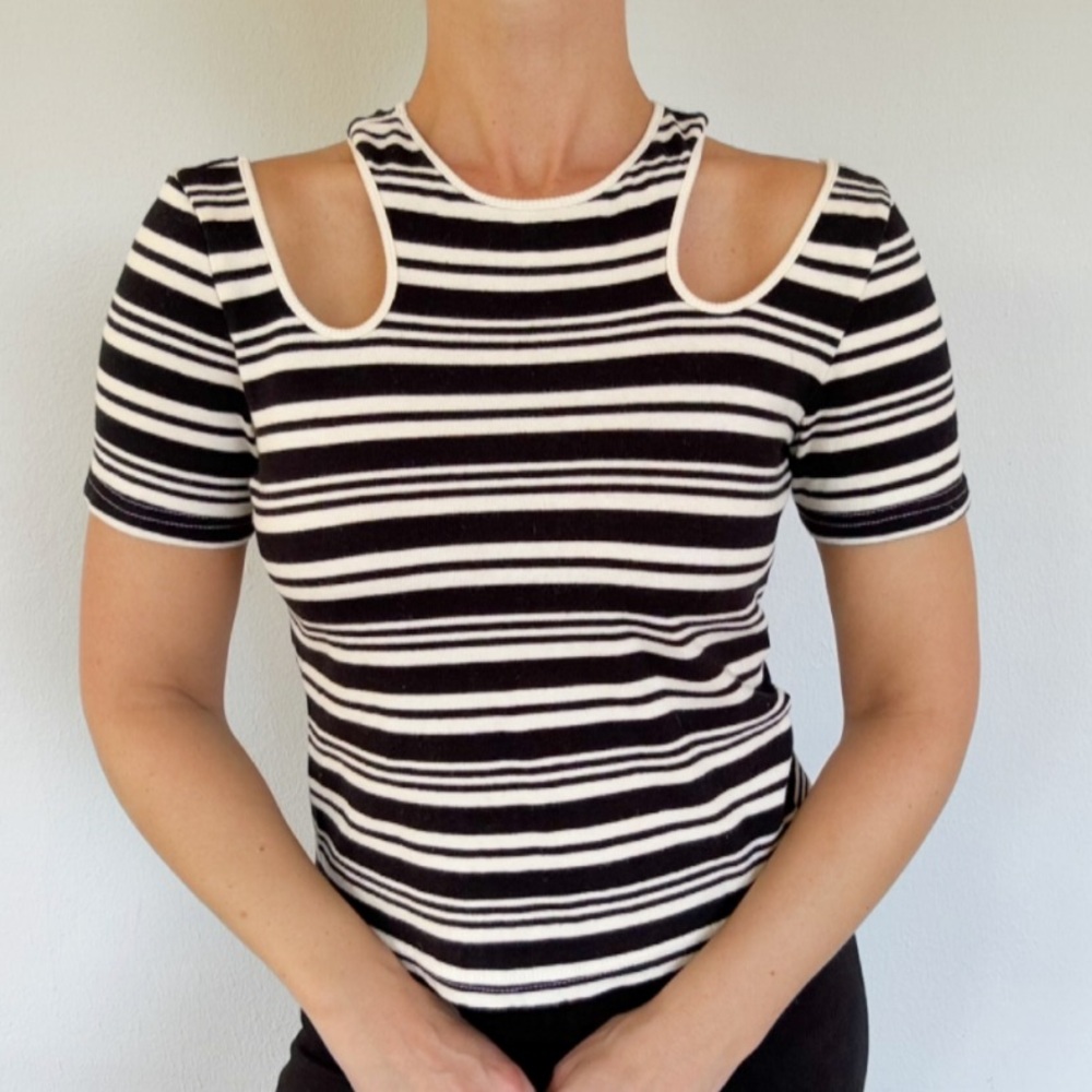Calvin Luo black white stripe cut out shoulder cotton crewneck tee size small